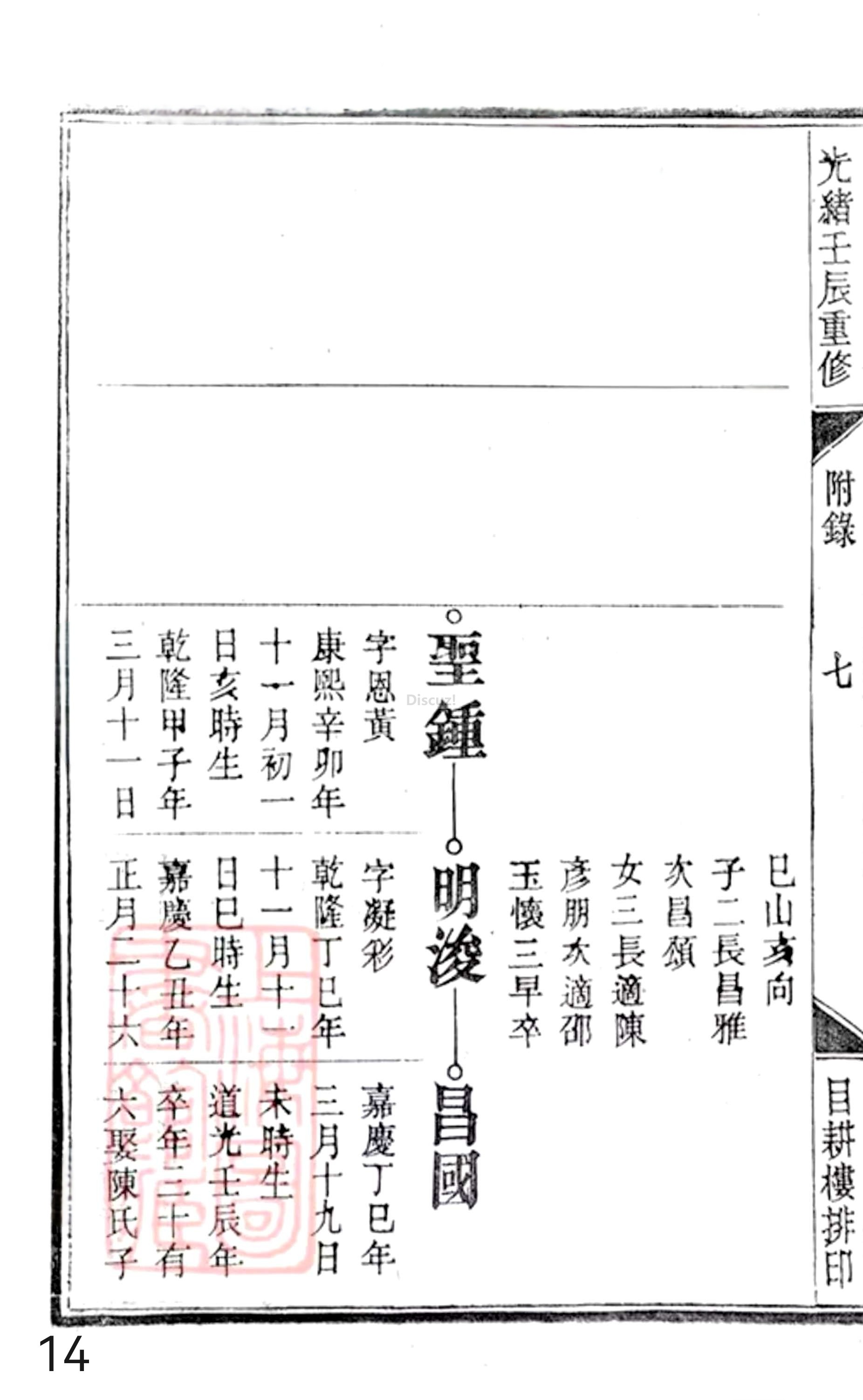 20册新安程氏世谱年表  附录卷一  舊附北村派  第14页.jpg